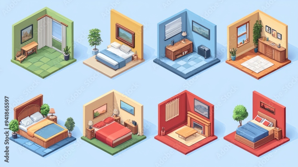 Naklejka premium Diverse Isometric Room Interiors with Varied Styles and Themes