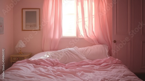 A pink bedroom with a pink bed and pink curtains.