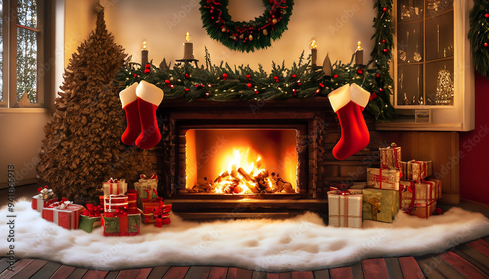 Christmas fireplace setting with wreath and stockings hung by a glowing fireplace Christmas fireplace setting with wreath and stockings hung by a glowing fireplace