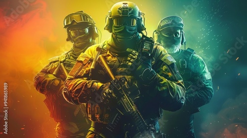 Three soldiers wear tactical gear and hold firearms, standing in a vividly lit, dynamic environment with a sense of readiness.
