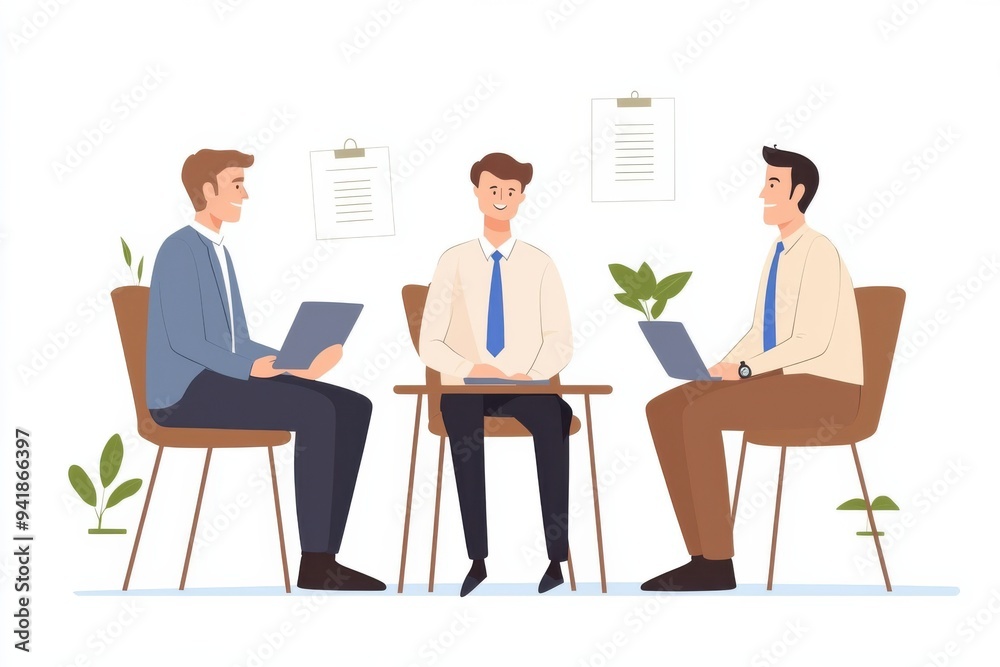 Three businessmen engage in a productive meeting, discussing ideas and strategies around a table in a modern office setting. Three businessmen engage in a productive meeting, discussing ideas and strategies around a table in a modern office setting.