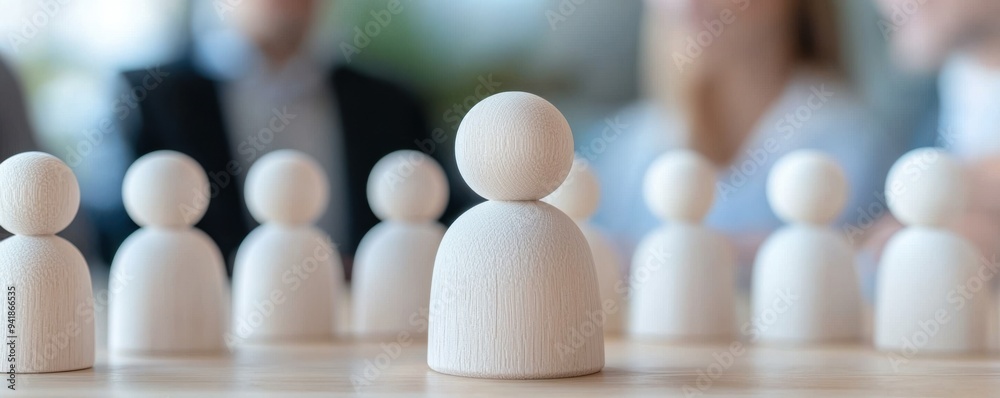 Wooden figures representing teamwork and collaboration in a professional environment, symbolizing unity and collective effort. Wooden figures representing teamwork and collaboration in a professional environment, symbolizing unity and collective effort.