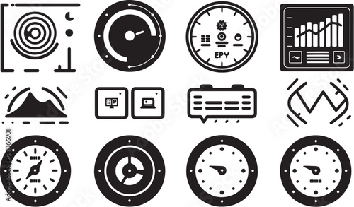 A minimalist vector icon set including a site audit, performance overview, bounce rate, and engagement metrics .icons in black and white style with isolated on white