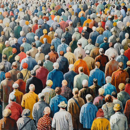 A large, faceless crowd depicted in an abstract illustration, with indistinguishable individuals blending together into a collective, anonymous mass. photo