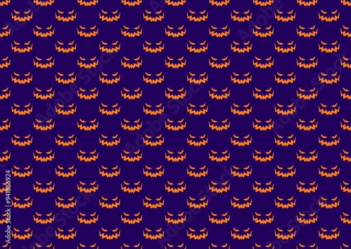 Seamless pattern with faces. Halloween orange and violet pattern. Halloween face pattern. Autumn mood. Terribly. Boo photo