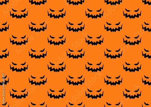Seamless pattern with faces. Halloween orange and black pattern. Halloween face pattern. Autumn mood. Terribly. Boo