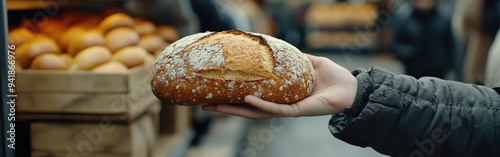 A person's hand accepts a loaf of bread at a community food distribution for those in need