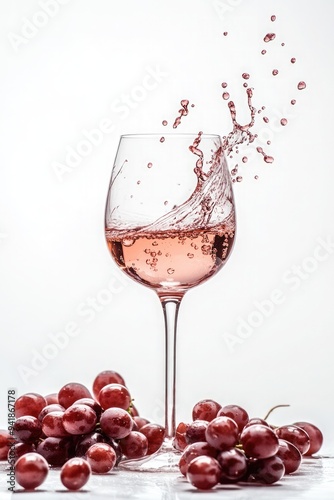 Refreshing pink drink splashes from a glass beside fresh grapes on a bright background