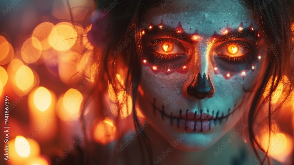 A haunting celebration of life and death during a vibrant festival with glowing candles and intricate face paint. Generative AI A haunting celebration of life and death during a vibrant festival with glowing candles and intricate face paint. Generative AI