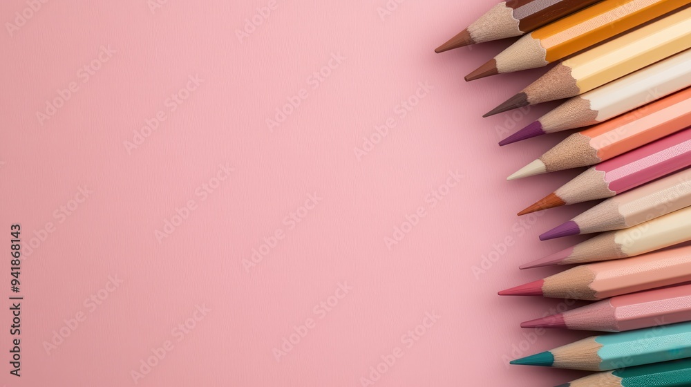 Image showing a variety of colored pencils neatly arranged on a pink background, highlighting different shades and textures of each pencil tip. Image showing a variety of colored pencils neatly arranged on a pink background, highlighting different shades and textures of each pencil tip.
