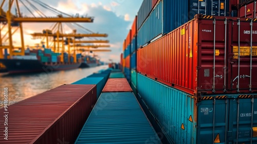 Vibrant view of shipping containers stacked at a port during sunset, showcasing maritime trade and logistics in action. photo