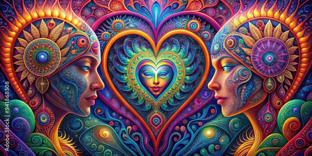 Fototapeta premium Psychedelic Heartbeats: Intricate patterns and vibrant colors intertwining with human forms, creating a hypnotic and introspective experience.