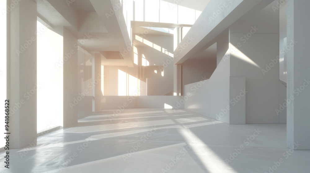 Bright and airy modern interior space with open layout and natural light streaming through large windows Bright and airy modern interior space with open layout and natural light streaming through large windows