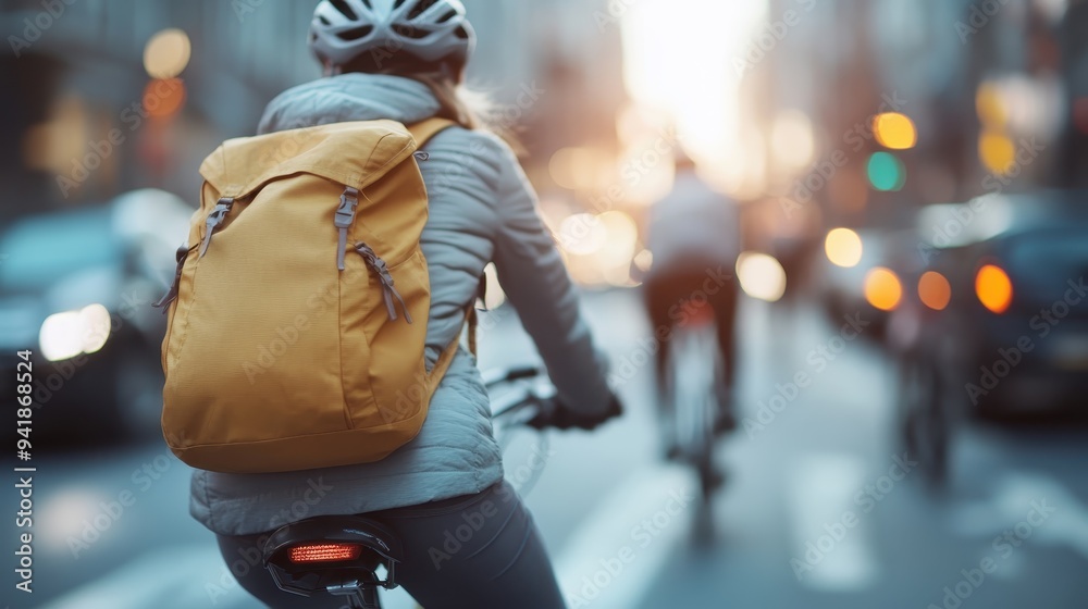 A cyclist with a yellow backpack and helmet is biking through a busy street, with blurred city lights around, capturing the energy and fast-paced urban life. A cyclist with a yellow backpack and helmet is biking through a busy street, with blurred city lights around, capturing the energy and fast-paced urban life.