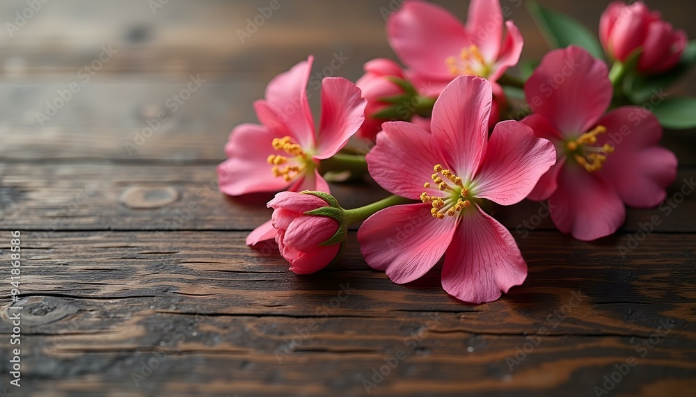 Close-up of delicate pink flowers placed on a dark wooden floor, creating a beautiful contrast. The intricate petals and rich textures enhance the overall aesthetic, showcasing nature's beauty.