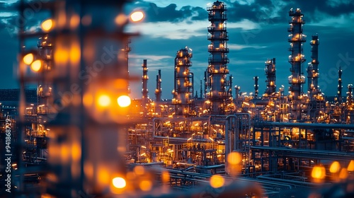 A vibrant industrial landscape showcasing illuminated oil refineries against a twilight sky. Perfect for energy and technology themes. photo