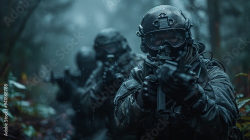 The image depicts elite special forces operatives equipped with tactical gear and weapons in a misty, rain-soaked forest setting, poised for action. photo