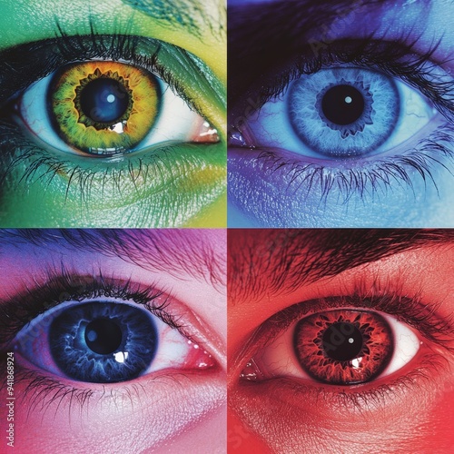 Four different eyes, each with a different color iris and pupil.