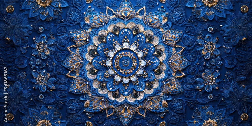 Blue and Gold Mandala with Intricate Floral Motifs Blue and Gold Mandala with Intricate Floral Motifs