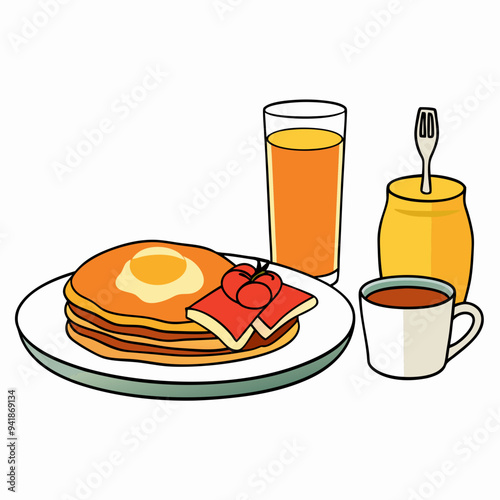 Home Style Breakfast Vector Bacon Eggs Pancakes Toast Coffee & Juice