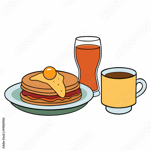 Home Style Breakfast Vector Bacon Eggs Pancakes Toast Coffee & Juice