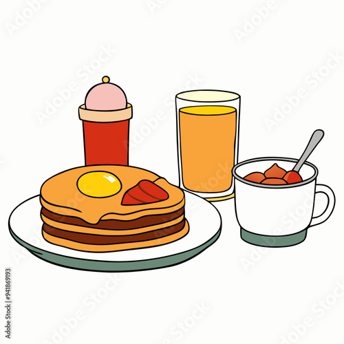 Home Style Breakfast Vector Bacon Eggs Pancakes Toast Coffee & Juice