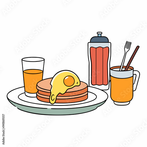 Home Style Breakfast Vector Bacon Eggs Pancakes Toast Coffee & Juice