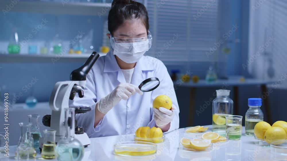 Lemon experiment theme scene for commercial video editing. Next to the lab table containing several types of experiment utensils, is a female scientist using a glass to observe a lemon Lemon experiment theme scene for commercial video editing. Next to the lab table containing several types of experiment utensils, is a female scientist using a glass to observe a lemon