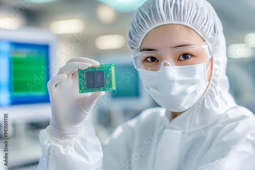 An Asian female worker in a white protective suit and mask holds a microchip