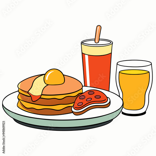 Home Style Breakfast Vector Bacon Eggs Pancakes Toast Coffee & Juice