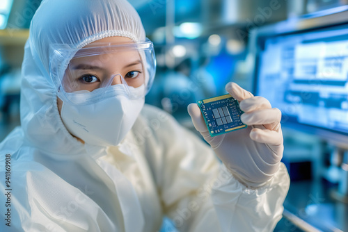 An Asian female worker in a white protective suit and mask holds a microchip photo