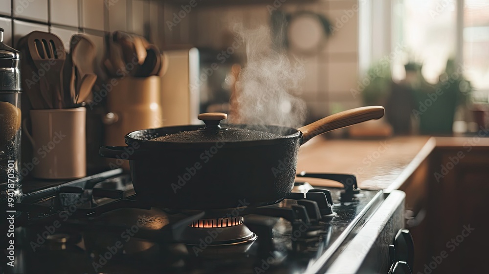 Detailed view of a cast iron pot with a wooden handle, simmering on a gas stove in a well-equipped kitchen Detailed view of a cast iron pot with a wooden handle, simmering on a gas stove in a well-equipped kitchen