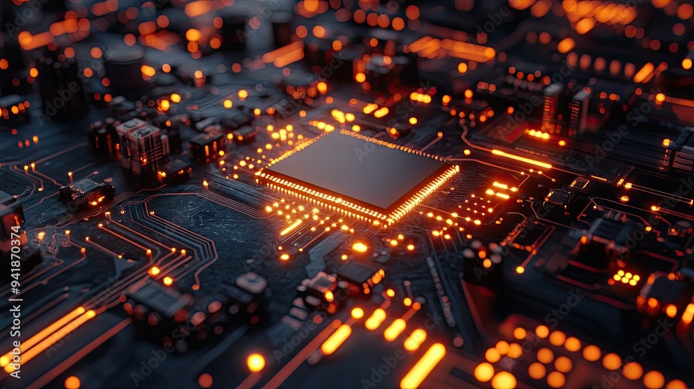 Detailed view of a circuit board with visible electrical wave patterns and glowing components Detailed view of a circuit board with visible electrical wave patterns and glowing components