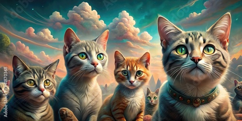 Purrfectly Absurd: Ridiculous cat postures, exaggerated features, pastel hues, surrealist touch. photo