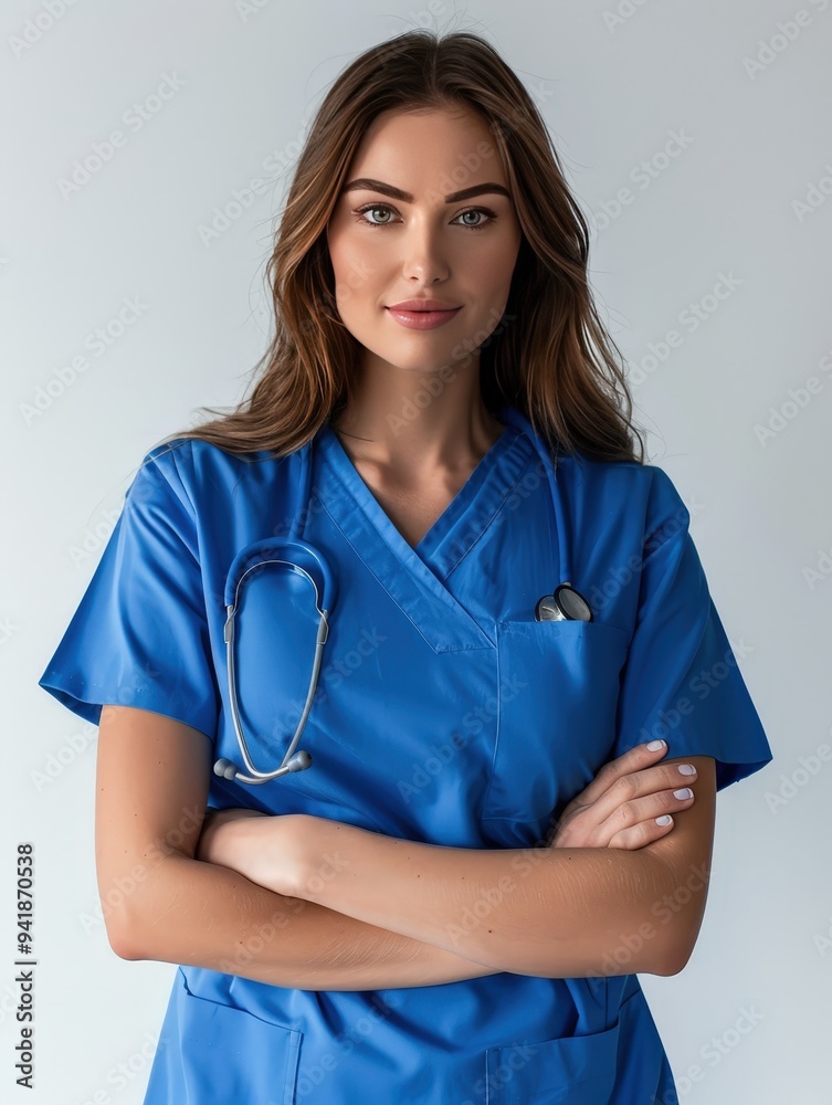 Confident Female Doctor in Blue Scrubs with Stethoscope. Confident Female Doctor in Blue Scrubs with Stethoscope.