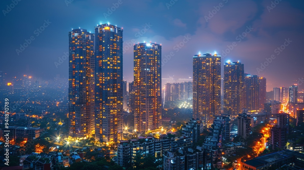 Obraz premium Stunning skyline at night with illuminated skyscrapers and vibrant city life in a bustling urban landscape. Generative AI