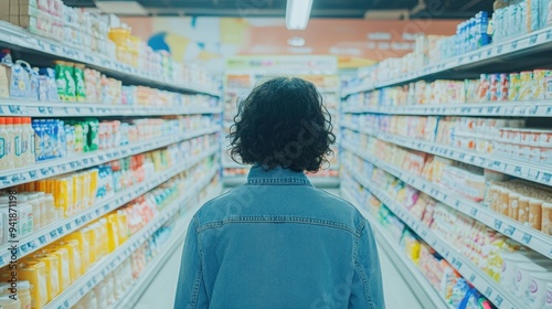 A person standing in the aisle of a supermarket.