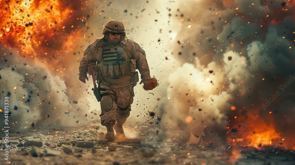 A soldier in full gear runs through an exploding battlefield, surrounded by smoke, fire, and flying debris. A soldier in full gear runs through an exploding battlefield, surrounded by smoke, fire, and flying debris.