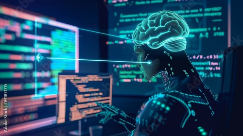 A futuristic scene of artificial intelligence processing data through digital networks, showcasing technology's evolution and impact on society's future. photo