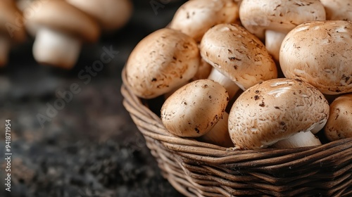 A rustic basket filled with freshly harvested brown mushrooms, sitting on a dark, textured background, highlighting their earthy tones and natural appearance.