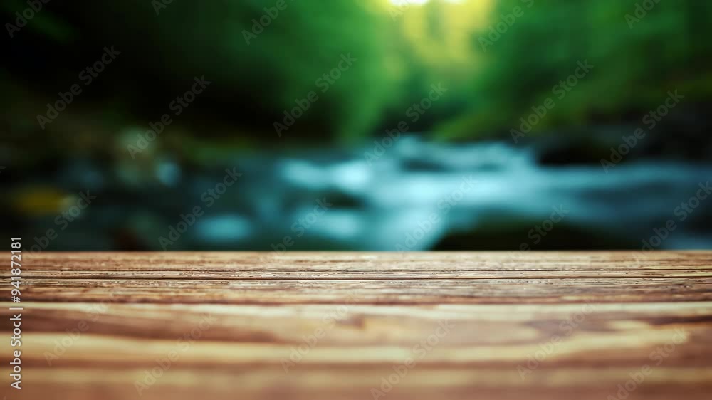 Wooden tabletop with blurred mountain stream surrounded by trees Wooden tabletop with blurred mountain stream surrounded by trees