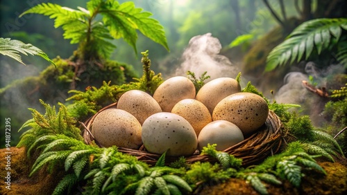 Close-up of a clutch of pristine, ancient dinosaur eggs, nestled in a bed of soft, mossy vegetation, surrounded by leafy greenery and misty atmosphere. photo