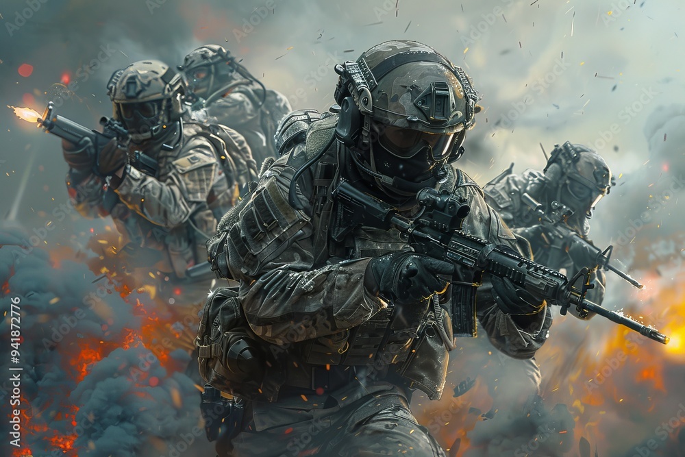 A dramatic battlefield scene where heavily armed soldiers advance through dense smoke and fiery explosions, capturing the intensity of military combat in modern warfare. A dramatic battlefield scene where heavily armed soldiers advance through dense smoke and fiery explosions, capturing the intensity of military combat in modern warfare.