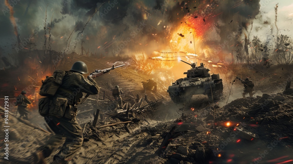 A Wartime Battle Scene Featuring Soldiers And A Tank Advancing On A