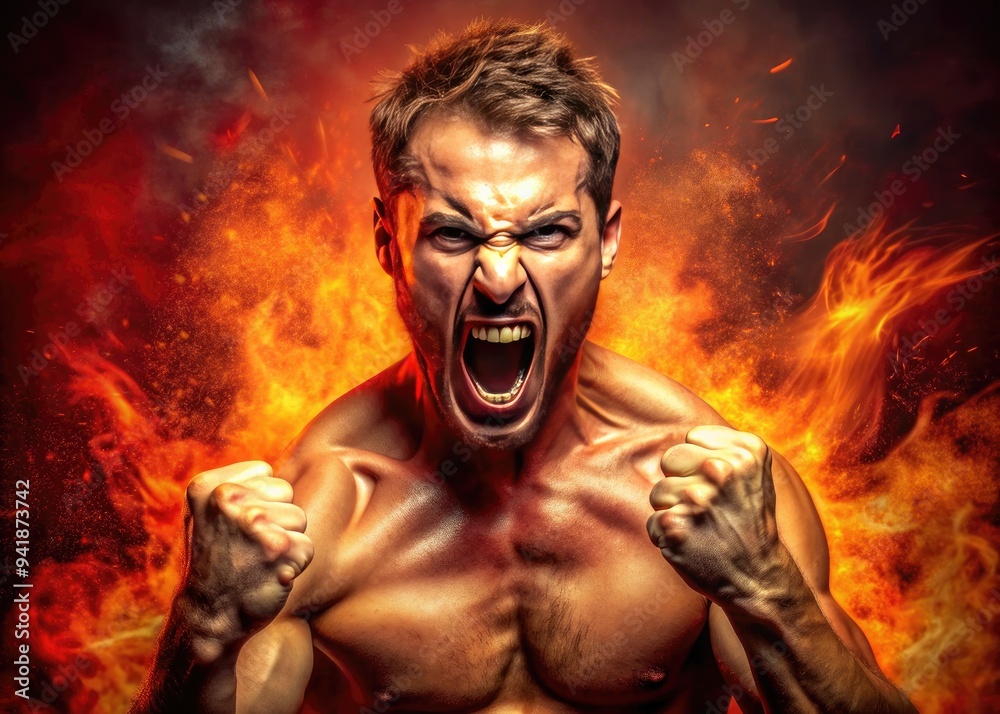 Rage and Aggression - Intense, emotional, red and orange, dynamic pose, sharp edges Rage and Aggression - Intense, emotional, red and orange, dynamic pose, sharp edges
