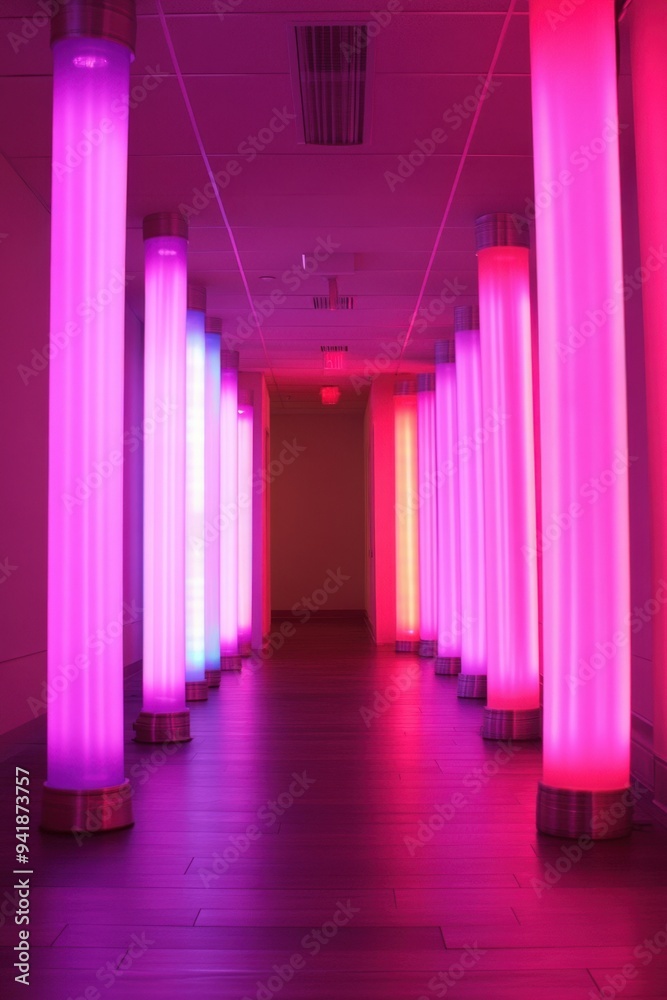 A hallway lined with pink and orange lights. A hallway lined with pink and orange lights.