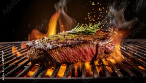 Close-up of a perfectly grilled, juicy steak on a flaming BBQ grill, garnished with fresh rosemary. Ideal for food photography, grilling, and BBQ-themed visuals.