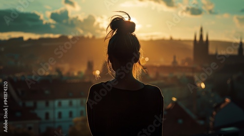 A silhouette of a woman standing against a breathtaking cityscape at sunset, emitting warm and serene tones. photo