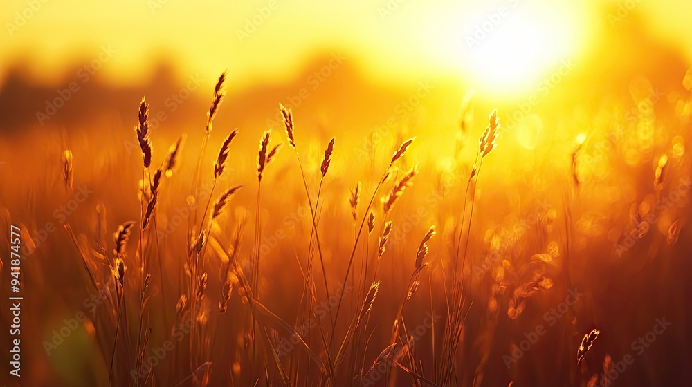 Detailed view of a field of grass silhouetted against a golden sunrise, with the sun casting long shadows Detailed view of a field of grass silhouetted against a golden sunrise, with the sun casting long shadows
