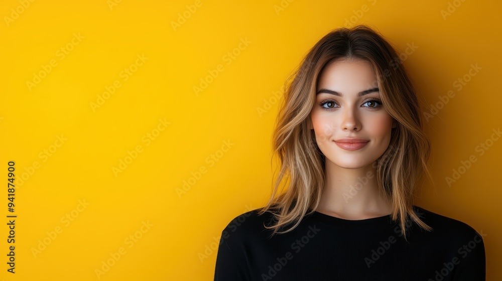 A woman stands confidently wearing a black shirt against a bright yellow background, her striking look combines elegance and modernity, conveying a sense of bold femininity and flair. A woman stands confidently wearing a black shirt against a bright yellow background, her striking look combines elegance and modernity, conveying a sense of bold femininity and flair.